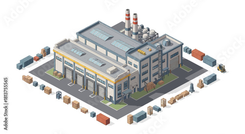 Isometric Factory Building Illustration with Logistics and Transport