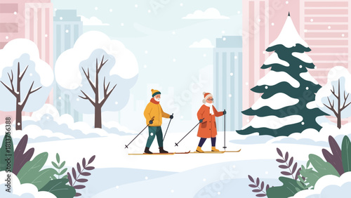 Elderly Couple Cross-Country Skiing in Snowy City Park. Winter Outdoor Activity and Healthy Senior Lifestyle Vector Illustration