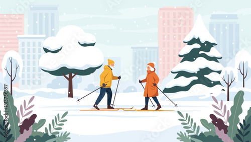 Senior Couple Cross Country Skiing in Snowy City Park Vector Illustration