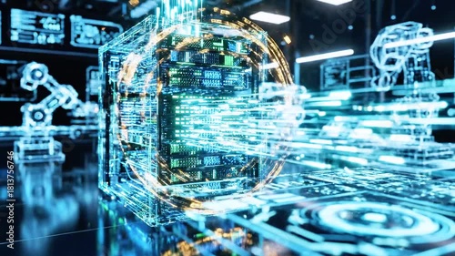 Digital rendition of a futuristic data center with glowing blue and gold circuits, abstract