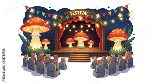 A magical night festival with glowing mushroom lanterns, firefly string lights, and a wooden stage. Tiny animal spectators gather for this celebratory event illustration, perfect for stickers.