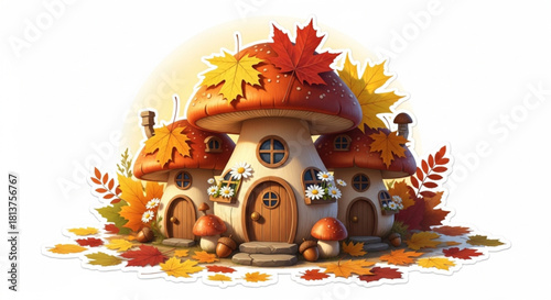 Autumn-decorated mushroom houses with maple leaf roofs, acorn doors, and aster flowers. A seasonal illustration with colorful fall leaves, perfect for stickers and seasonal designs.