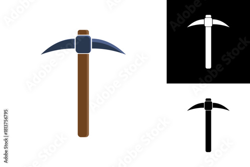 Stylized pickaxe illustration featuring a sturdy wooden handle and sharp metal head, representing a classic tool for mining, excavation, and construction work, suitable for graphic design projects