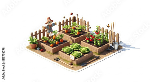 Miniature organized vegetable garden illustration with tiny raised beds, a mini scarecrow, and small gardening tools. Perfect for gardening blogs, DIY project visuals, and sticker designs. 