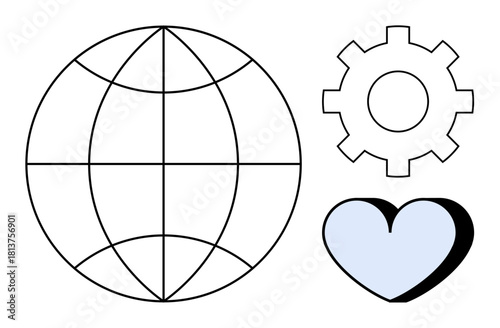 Globe, gear, and heart symbolizing global connection, innovation, and empathy. Ideal for technology, teamwork, growth collaboration inclusivity sustainability and creativity. Simple flat metaphor