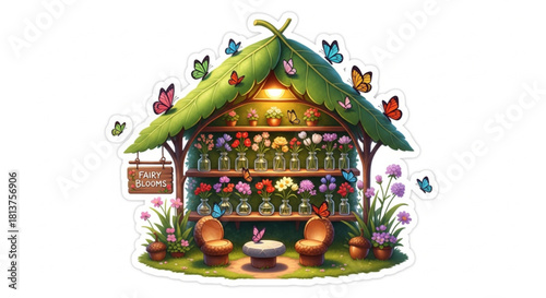 Charming miniature flower shop illustration with a leaf roof, twig shelves, and tiny vases. Surrounded by butterflies, this fairy business design is perfect for stickers, blogs, and branding.