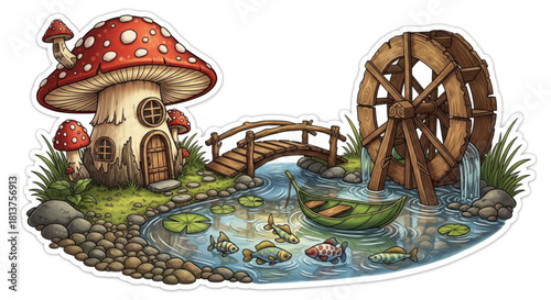 Detailed illustration of a large mushroom house by a miniature river, featuring a tiny wooden bridge, a bark water wheel, and a leaf boat. Perfect for stickers and fantasy scenes.