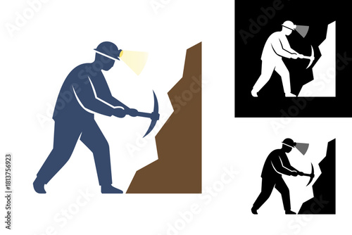 Graphic illustration of a miner in a hard hat with a headlamp, using a pickaxe to dig into a rock formation, symbolizing hard work, exploration, and resource extraction