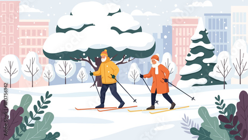 Happy Senior Couple Cross-Country Skiing in Snowy City Park Landscape Vector Illustration