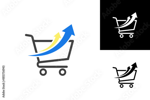 Dynamic E-commerce Growth Logo Design, Featuring a Shopping Cart with Rising Arrows Symbolizing Sales Increase and Business Expansion