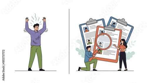 Job Seeker Stress and HR Recruitment Process Comparison Vector Illustration
