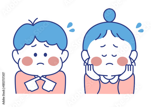 子ども　表情　イラスト　男女 　恥ずかしがり屋　　ポーズ