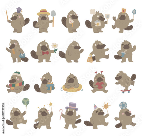 Platypus character set in scandinavian style showing education farming, cooking, romance, business, holiday, sport, fantasy celebration valentine, learning, gift, dessert, balloon