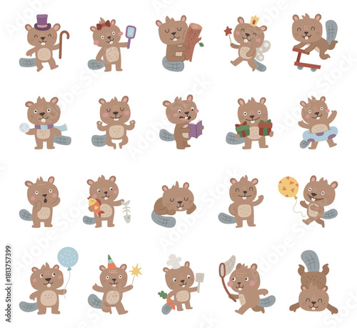 Beaver character set in scandinavian style showing different emotions and poses including fairy, scooter, chef hat, balloon, celebration, gift, reading, meditation, sleeping, relaxing