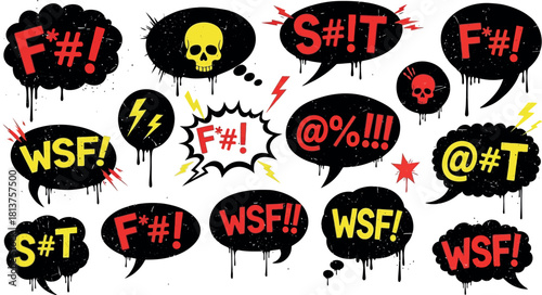 Censored expletive speech bubbles expressing anger and stress