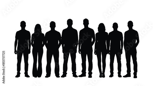 Diverse Group of Eight People Standing Silhouettes Vector Illustration