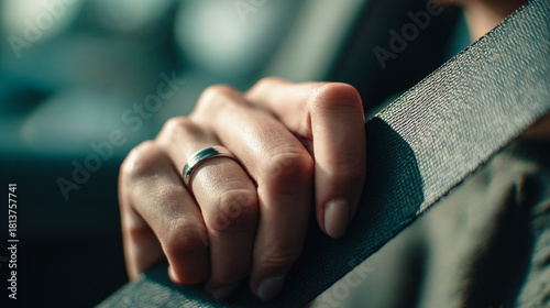 A close up view of a hand holding a seatbelt with a ring on the finger in a vehicle interior