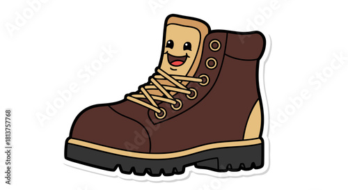 A cheerful cartoon brown work boot with a smiling face on its tongue and yellow laces.