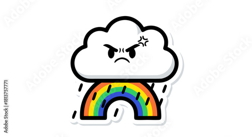 An angry cartoon cloud with a star above it raining colorful rainbow drops, depicted in a sticker style illustration on a white background.