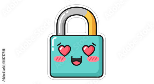 Adorable turquoise padlock cartoon with a happy face, heart-shaped eyes, and a silver and gold shackle, presented as a sticker.
