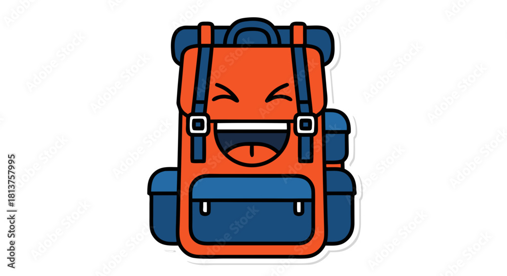 Fototapeta premium A cheerful orange and blue cartoon backpack with a happy smiling face, featuring straps and pockets, on a white background.