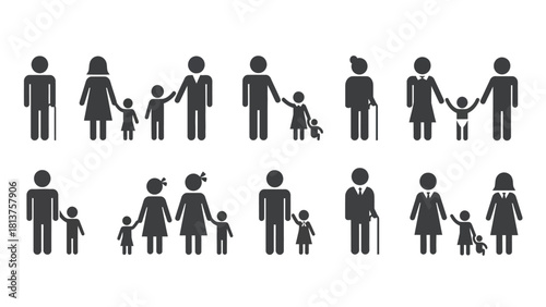 Family and People Icons Set: Vector Silhouettes of Various Generations and Relationships