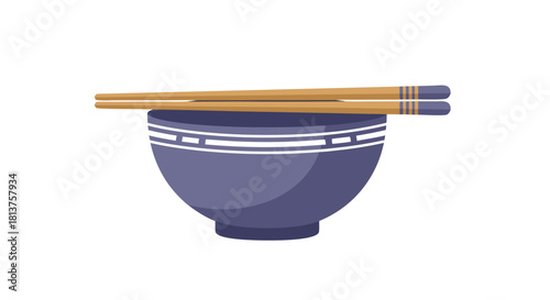 A blue ceramic bowl with a decorative white pattern and a pair of wooden chopsticks resting on top, isolated on a white background.