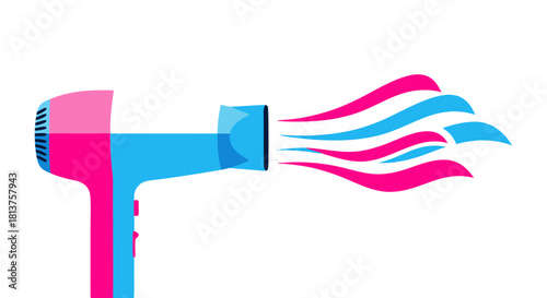 A graphic illustration of a pink and blue hairdryer blowing out wavy streams of hot air in matching colors on a white background.