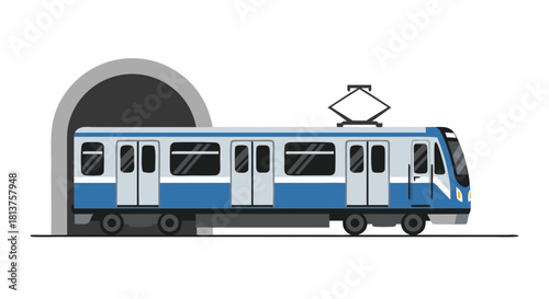A blue and white subway train with a pantograph emerging from a dark tunnel, depicted in a clean vector illustration style.