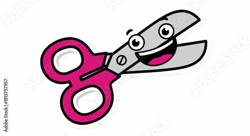 A cartoon illustration of a happy pair of pink and silver scissors with a smiling face and wide open blades.