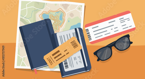 Flat lay of essential travel items including a map, notebooks, tickets, and sunglasses on an orange background, ready for a trip.