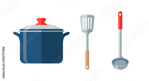 A collection of essential kitchen utensils including a blue pot, a slotted spatula, and a ladle.