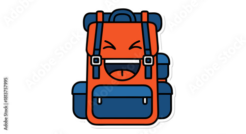 A cheerful orange and blue cartoon backpack with a happy smiling face, featuring straps and pockets, on a white background.