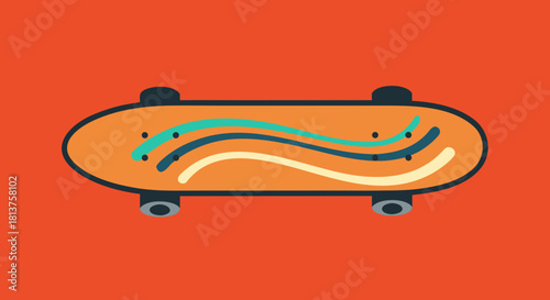 A flat illustration of a skateboard with abstract wavy lines on an orange background.