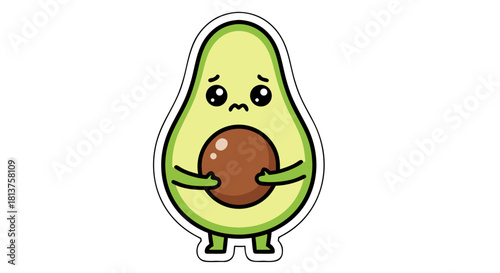 A cute cartoon avocado character with big sad eyes holding its pit.