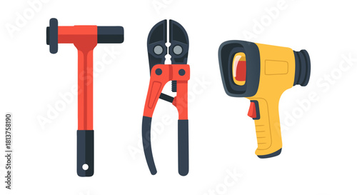 Three different industrial and construction tools, including a hammer, bolt cutters, and an infrared thermometer.