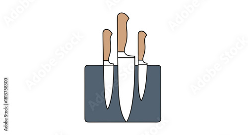 Three kitchen knives with light brown handles and silver blades standing in a dark blue knife block, ready for use.