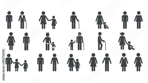 Family Generation Pictogram Icons Set. Vector Stick Figures Collection Representing Men, Women, Children, Parents, Babies, and Elderly People.