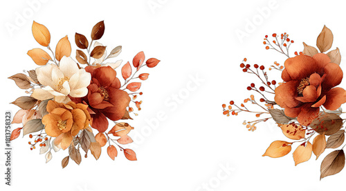Two autumnal floral bouquets with brown, orange, and cream flowers, leaves, and berries