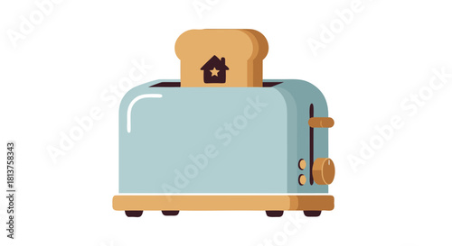 An illustration of a light blue toaster with toast popping out, featuring a house icon, symbolizing home or property.