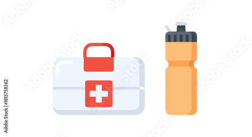 A white first aid kit with a red cross symbol next to an orange water bottle on a white background.