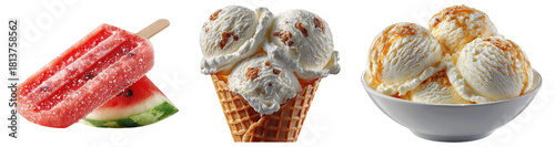 Assortment of Frozen Summer Desserts Watermelon Popsicle Ice Cream Cone with White Scoops and Caramel Topping Vanilla Ice Cream in a White Bowl Isolated on