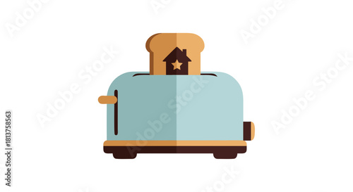 A light blue toaster with a slice of toast popping out, featuring a house and star icon, in a flat vector illustration style.