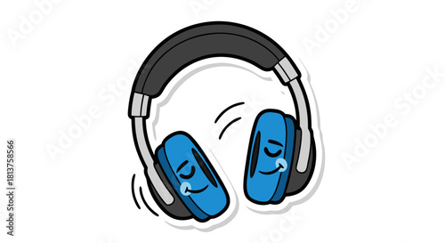 A cartoon illustration of black and blue over-ear headphones with sad, crying faces on the earcups, depicted as a sticker.