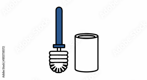 Simple illustration of a toilet brush with a blue handle and a white cylindrical holder.
