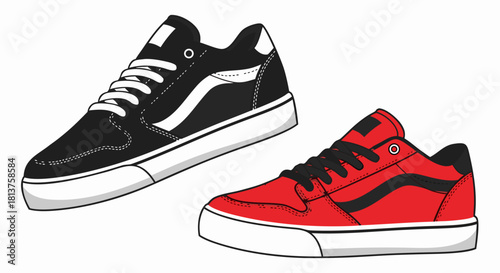 Two pairs of stylish low-top sneakers, one black with white accents and one red with black accents, designed for casual wear.
