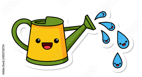 A cute cartoon yellow watering can with a green handle and spout, happily watering with smiling blue water droplets.