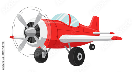 Vibrant red cartoon airplane illustration with a spinning propeller and white wings, ready for flight.