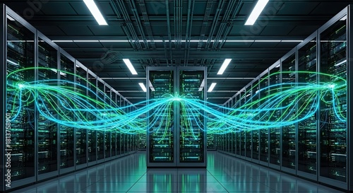 Futuristic data center with glowing fiber optic cables transferring data swiftly in the server room for advanced technology and network solutions