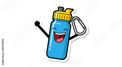A cheerful blue cartoon water bottle with a yellow cap and a carabiner, smiling happily with arms raised, depicted as a sticker.